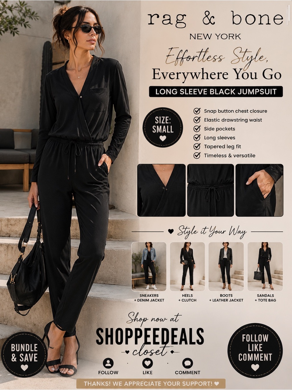 Rag & Bone Black Long Sleeve Drawstring Jumpsuit